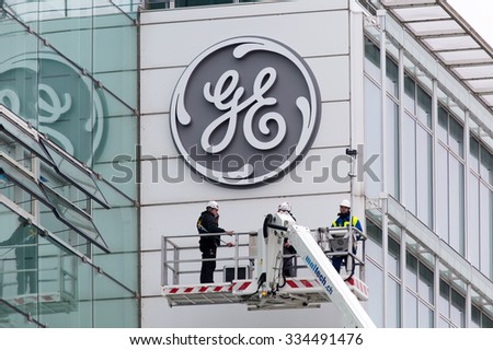 BADEN, SWITZERLAND. November 2nd, 2015. The new General Electric logo has been installed at the former Alstom thermal power headquarters after successful merger and acquisition.