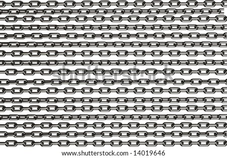 Very highly detailed and photo realistic render of differently twisted chrome chains - over white background - VERY EASY TO ISOLATE