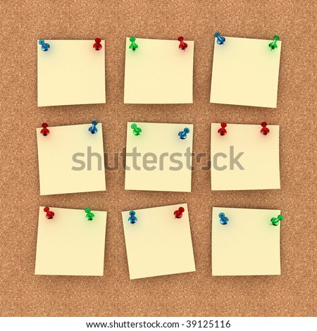Pinboard with nine notes on it. Thumb tacks hold the notes in place.