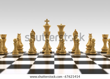 White chess pieces on chess board with very shallow depth of field - only the row with the king is in focus