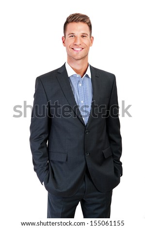 Full Body Portrait Of Happy Smiling Business Man, Isolated On White Background