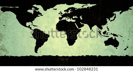 Black colored rough representation of the world map, on a green background