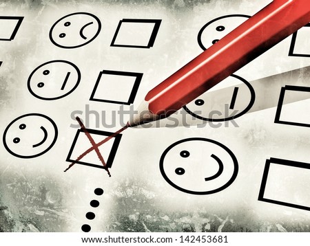 grunge-style illustration of a red pencil used to fill a customer satisfaction form, with notches on checkboxes with smileys, referring to concepts such as customer satisfaction survey and evaluations