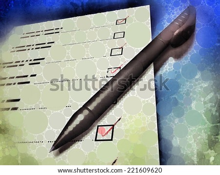 Circle-shaped pattern illustration showing a pen laying on a check-list, referring to concepts such as monitoring, evaluation criteria, work in progress, as well as questionnaires and forms in general