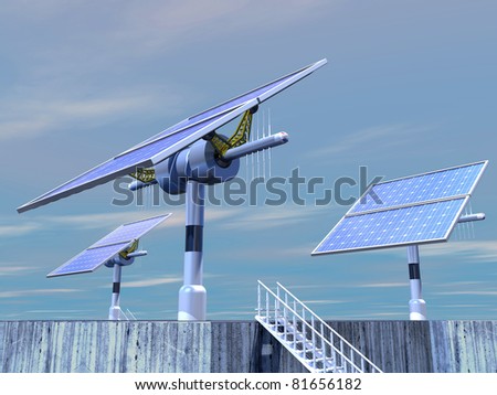 3D-modeled solar plant, representing notions such as green technologies, sustainable development, alternative energy sources as well as respect of the environment