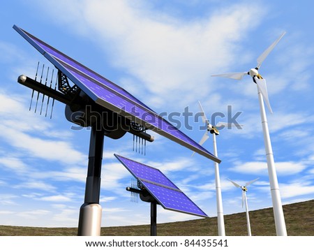 Solar cells and wind turbines, illustrating concepts such as green power, green-tech, environmental protection, sustainable growth and technologies in general