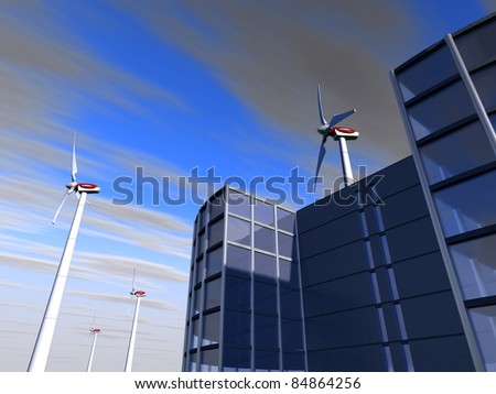 3d-modeled company building surrounded with various wind turbines, referring to concepts such as green business, sustainable industry and social responsibility of the economic actors