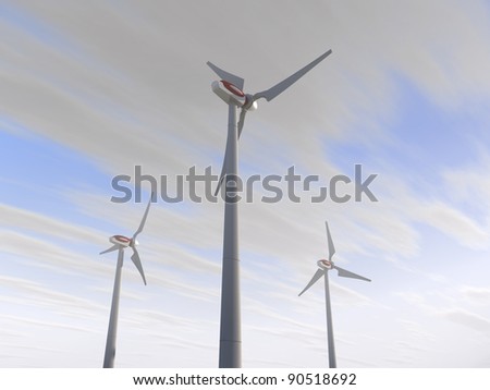 3D-modeled wind turbines illustrating concepts such as ecology, renewable energies, sustainable development and green technologies