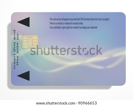 3D-modeled plastic prepaid card with a chip, cropped on a white background, representing concepts such as consumerism, trade, credits and shopping