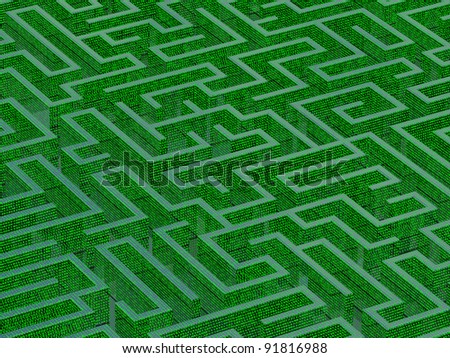 3D-modeled labyrinth covered with 0 and 1 binary characters, representing concepts such as software engineering, software architecture, complexity, as well as computing