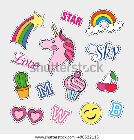 Fashion patch badges with different elements. Set of stickers, pins, patches and handwritten notes collection in cartoon 80s-90s comic style. Vector illustration isolated. Vector clip art.
