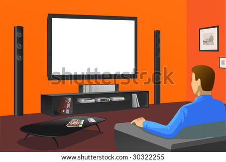 young man at home sit on sofa and watch TV