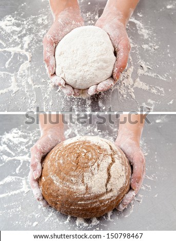 Hands Hold The Dough And The Bread On The Background Of The Table With Flour