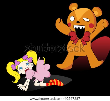 Little girl scared of giant teddy bear. Vector Image.