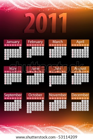 stock vector : 2011 Glowing Neon Pink and Orange Calendar. Editable Vector 