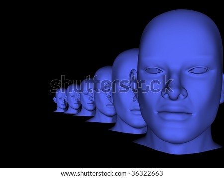 Human face reflecting itself many times on a black background, with place for text at the left