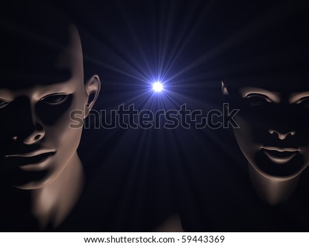 3d generated close up faces of man and woman in darkness of space with star burst between them