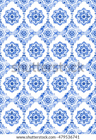 Watercolor royal blue filigree seamless pattern, indigo renaissance tiling ornament. Delicate sapphirine openwork lace pattern. Cobalt blue revival tracery design. Moroccan navy blue background.