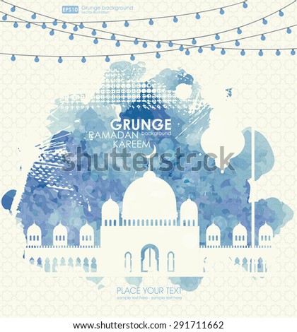 Beautiful mosque, made by colors splash for Islamic holy month of prayers, Ramadan Kareem celebrations.  Ramadan greetings background. View of mosque in blue grunge night background with shiny lights.