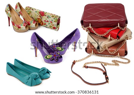 Isolated Women Beige Suede Shoes With Clutch Bag. Handbag And Shoes With Floral Pattern. Purple ...