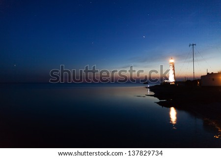 Lighthouse on the water edge near sea at night