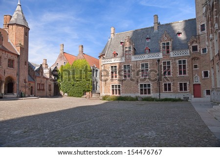 House with vines and old square in Bruges, Belgium
