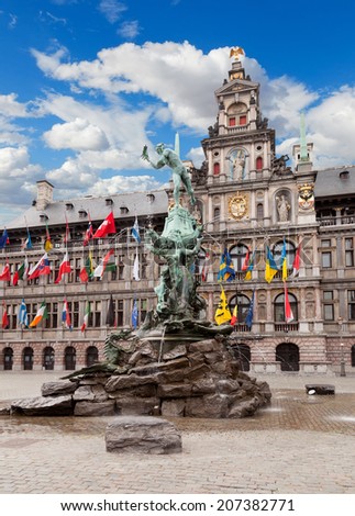 Central square and Brabo statue in Antwerpen, Belgium