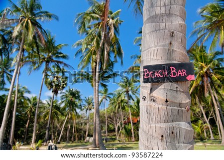 Beach bar sign on palm tree trunk in Thailand