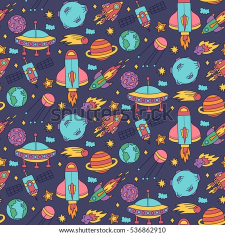 Cute funny childish doodles hand drawn colorful outer space cosmos spaceship planets asteroids saturn orbit stars rockets shuttle satellite seamless vector pattern