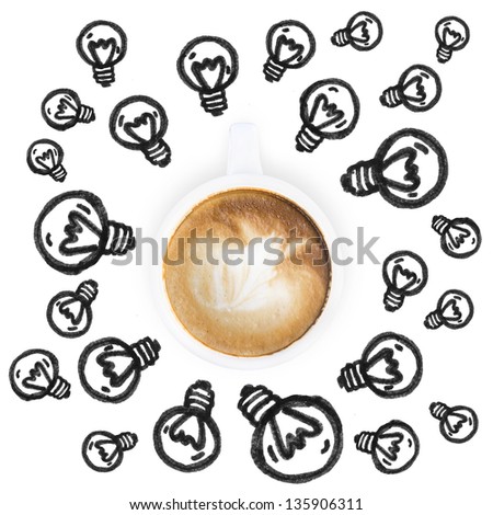 White coffee latte cup and idea bulb icon on white background