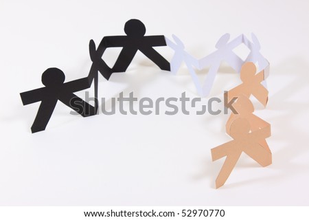 Paper cut into people hold their hands connected show human race equality on white background