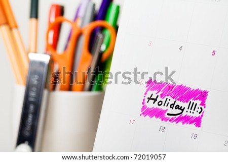 Calendar marked as holiday with pink highlight