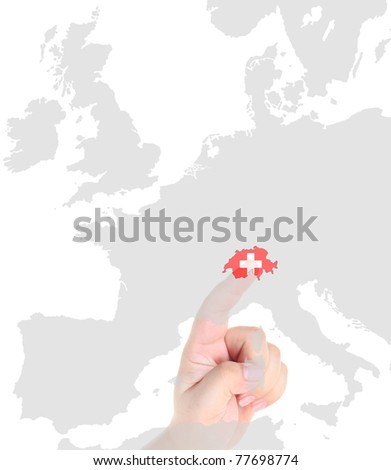 Finger touch on a future innovative transparent screen display Switzerland  map flag
