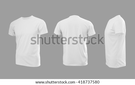 White man\'s T-shirt with short sleeves with rear and side view on a grey background