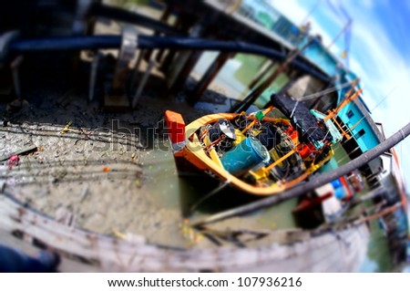Miniature Landscape (Tilt Shift) of a boat in Ketam Island, Selangor, Malaysia