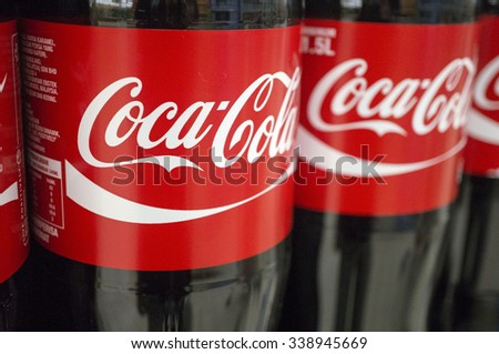 PUTRAJAYA, MALAYSIA - NOV 10, 2015. Arrangement if Coca Cola bottle . Coca Cola drinks are produced and manufactured by The Coca-Cola Company, an American multinational beverage corporation.