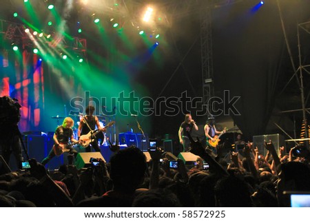 KUALA LUMPUR, MALAYSIA - AUG 5: Former Guns n Roses guitarist Slash performing onstage at Sunway Lagoon on August 5, 2010 in Kuala Lumpur Malaysia
