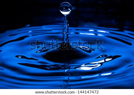 Tower of water from a falling waterdrop in closeup
