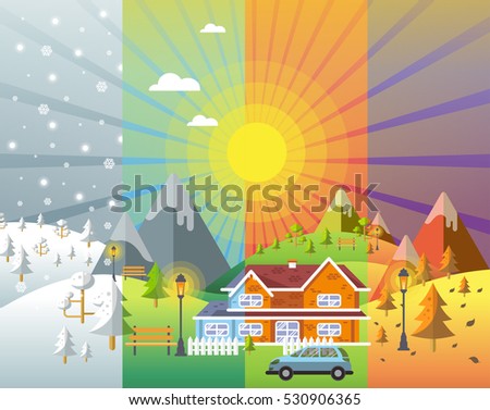 landscape design set with Winter, Spring, Summer, Autumn. houses, 4 seasons set.