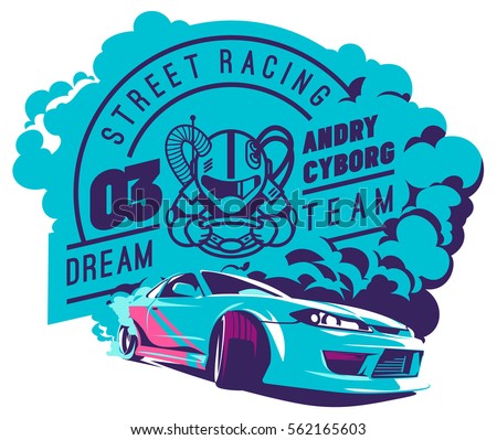 Burnout car, Japanese drift sport car, Street racing, racing team, turbocharger, tuning. Vector illustration for sticker, poster or badge