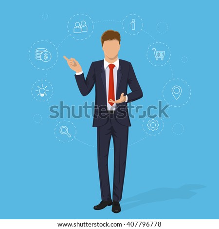 Businessman. Businessman in suit. Business man flat Business man vector illustration.Business icon. Elegant man in business suit. Cartoon businessman. Business man image. Business man without face