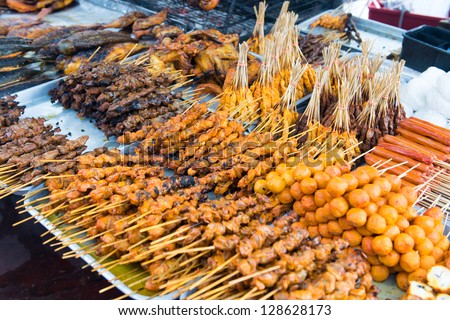 Variety of Asian style barbecue stick food