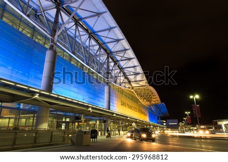 San Francisco, USA - May 24, 2015: Departure level at San Francisco International airport at night