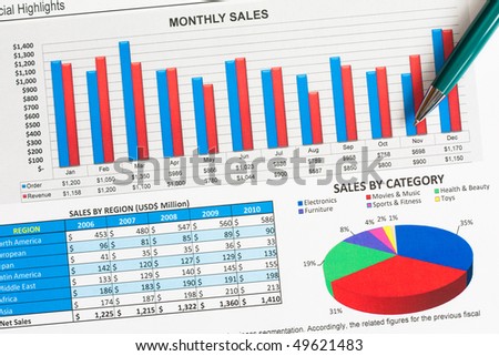 Colorful sales charts and graphs with a pen