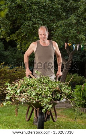 The Gardener is carrying some garden waste with a hand barrow in his garden.