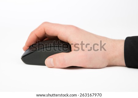 A Business People is moving the mouse with his hand, isolated on white.