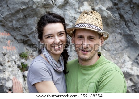 Happy young married hikers couple natural smiling in their honey moon