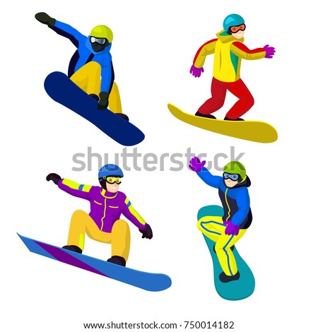 Set of vector flat cartoon snowboarders riding and jumping. Cartoon boys on snowboards. Winter sport, Winter activity, sportsman, snowboard, colorful snowboarders in sportive jumping snowboarders