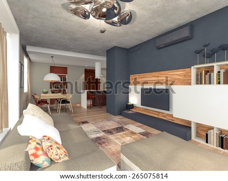 living room with TV 3d rendering