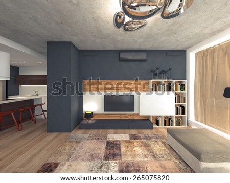 living room with TV 3d rendering